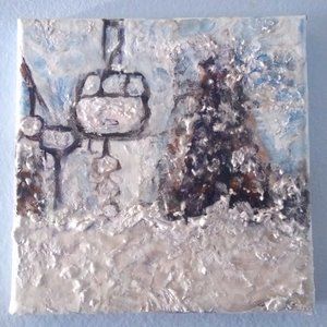 SOLD Retro Ski Art Chairlift Painting 6"x 6"